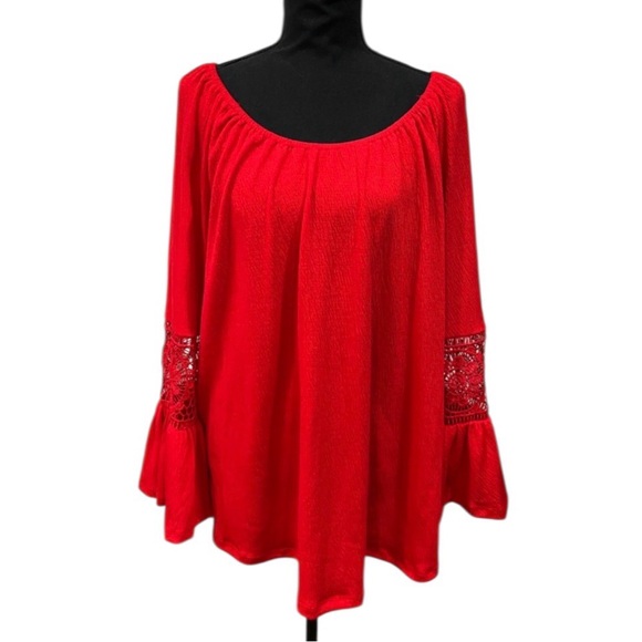 Fyve Red Boho Top 1X NWT Peasant Blouse Bell Sleeve Lace Plus - Picture 2 of 4